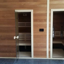view of the entrance to the Finnish sauna from the outside